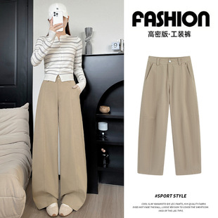 女春季 宽松显瘦卡其弯刀裤 新款 裤 设计感休闲工装 高品质纯棉阔腿裤