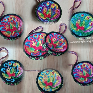 凤凰古城民族风双面绣花凤凰鸟小圆包少数民族特色手拎包零钱包