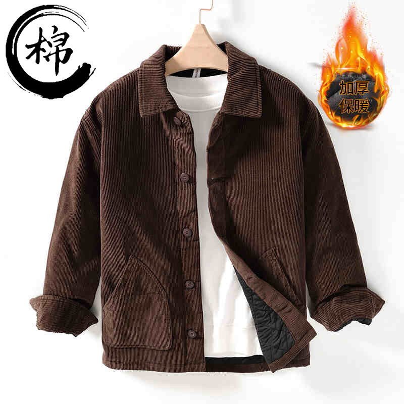 冬季复古纯棉灯芯绒休闲棉服男日系翻领保暖宽松加厚棉衣青年外套