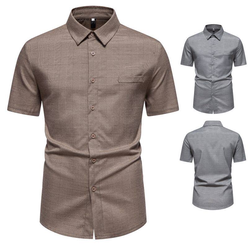 欧码2024夏季新款男士格子衬衣翻领短袖衬衫Men's plaid shirt