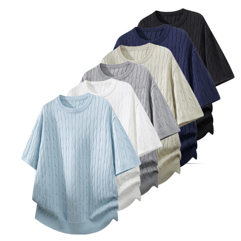 2026夏季新款打底衫男士圆领麻花针织衫短袖老钱风T恤杉