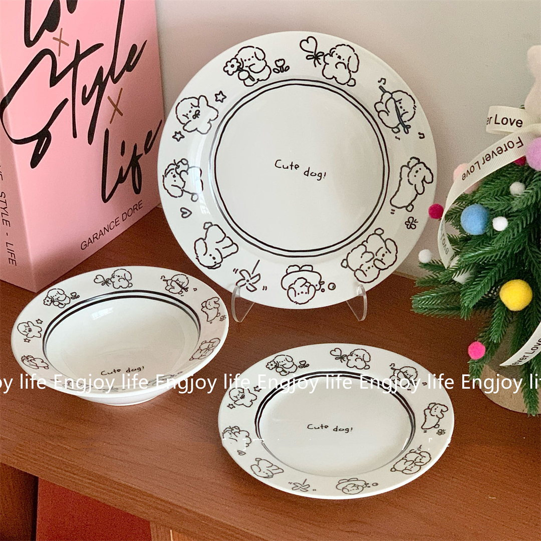 ins黑白线条小狗陶瓷酸奶沙拉饭碗吐骨碟早餐圆盘可爱一人食餐具