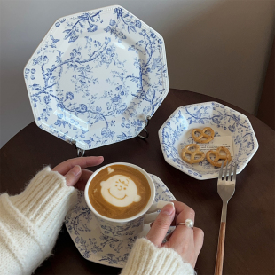 法式中古藤曼花卉八角陶瓷盘沙拉碗咖啡杯碟陶瓷蛋糕甜品盘