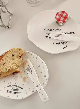 韩国ins博主同款简约法式蓝色泼墨甜品盘蛋糕盘黄油果酱陶瓷抹刀