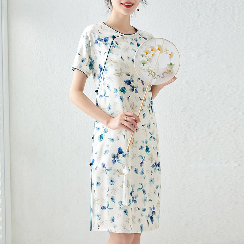 YXF0295夏季新品巨美百搭真丝丝缎中国风唐装连衣裙显瘦气质旗袍