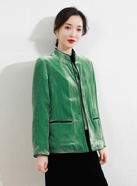 YX0266店家原创真丝丝绒新中式绿色对襟短外套立领长袖百搭女上衣