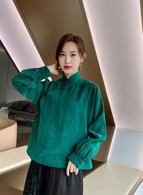 YXF0273重磅真丝绿色龟纹香云纱 新中式立领盘扣中国风唐装女外套