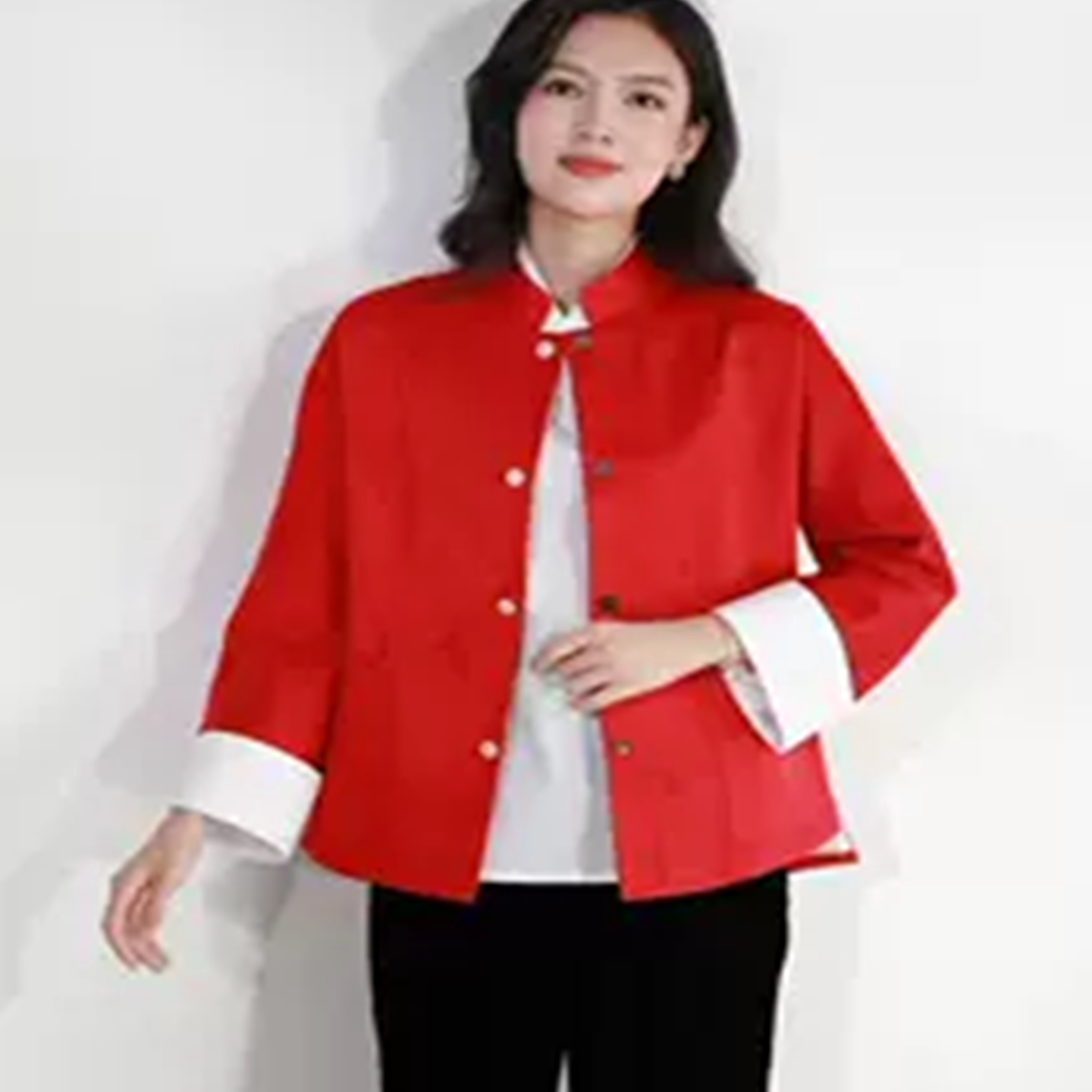 YX2071真丝花萝新中式改良对襟女外套经典立领玉石扣百搭红色上衣