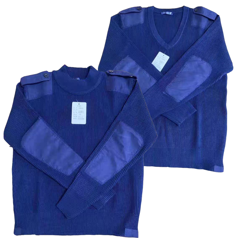 消防羊毛针织蓝色V领套头毛衣