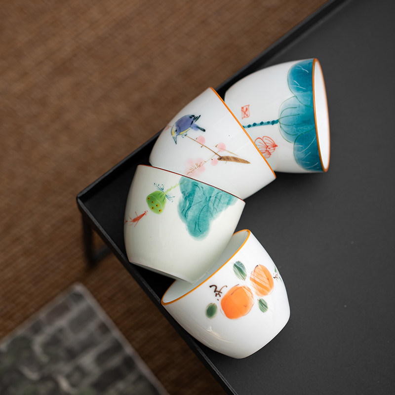 手绘荷花茶杯白瓷功夫茶具品茗杯家用喝茶小杯子茶盏主人杯单个,餐饮具,茶杯,淘宝优惠券,粉丝福利购,淘宝优惠卷