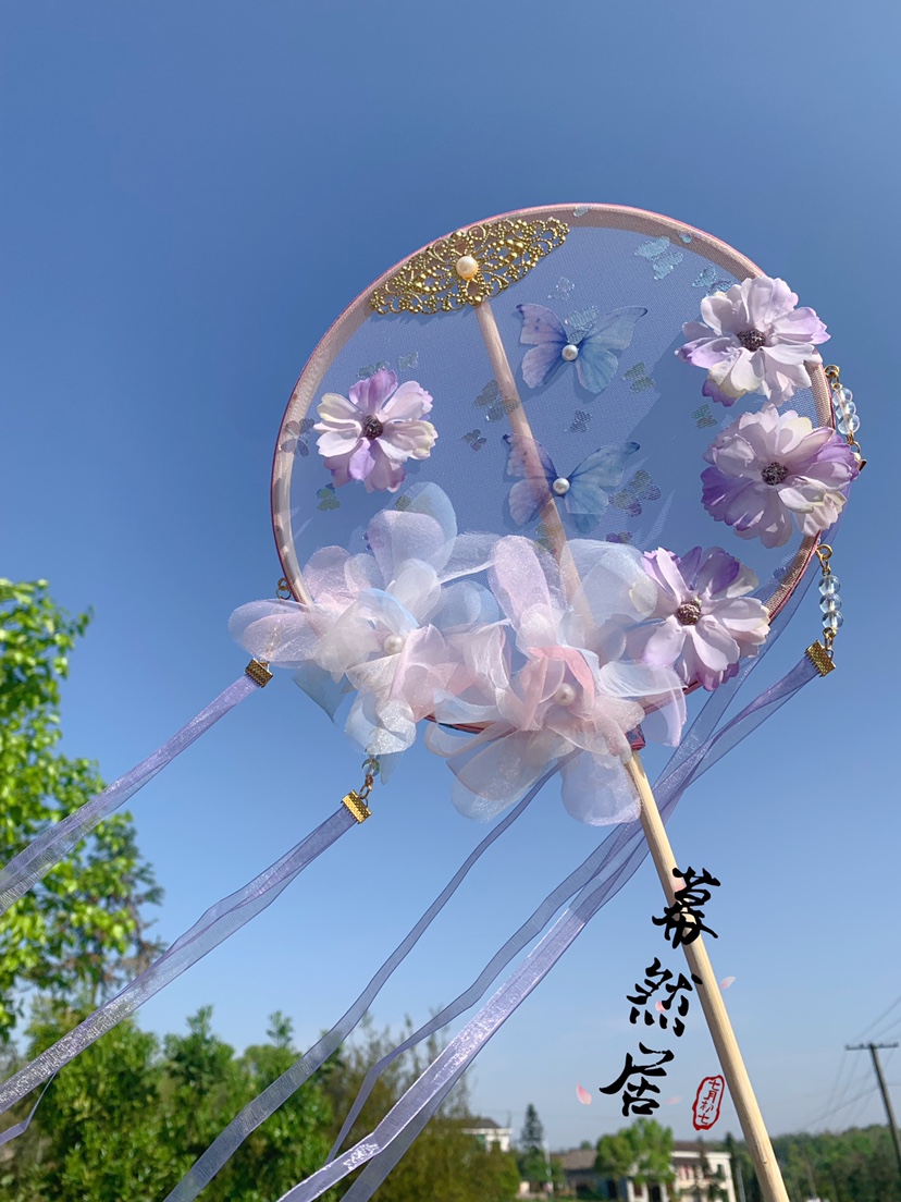 幕然居原创手持长柄古风汉服配饰绢花蝴蝶团扇唯美走秀拍照Lolita
