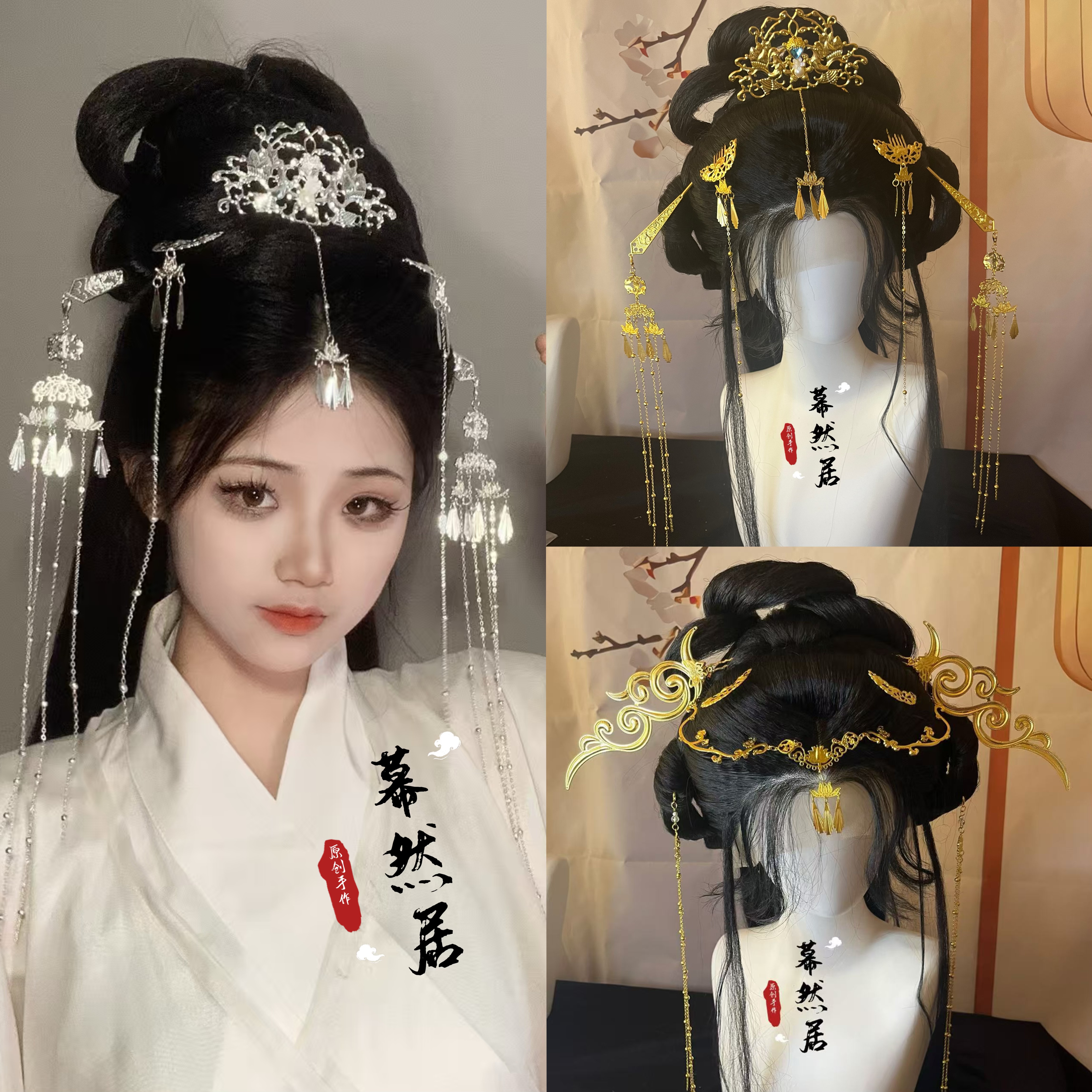 原创莲花银色神女发冠流苏步摇套装古风汉服配饰国风宫廷奢华清冷