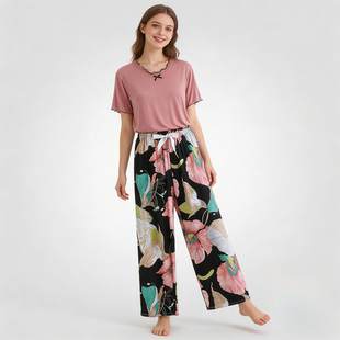 带胸垫可外穿两件套 套装 棉绸睡衣女夏莫代尔短袖 家居服人造棉长裤