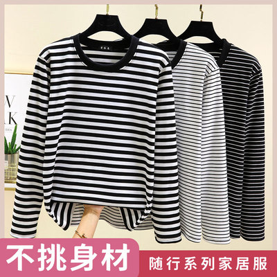 德绒磨毛内搭薄绒保暖条纹打底衫女秋冬穿搭圆领宽松长袖t恤上衣