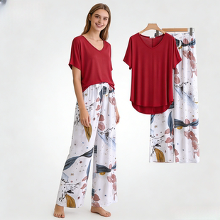 人造棉长裤 短袖 两件套莫代尔睡衣 女夏季 可外穿棉绸家居服套装