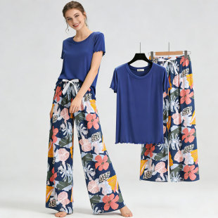 长裤 可出门外穿圆领莫代尔短袖 睡衣 棉绸套装 人造棉家居服女夏季