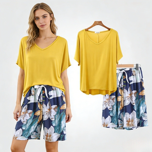套装 短袖 凉感人造棉两件套 家居服莫代尔睡衣女款 可外穿棉绸短裤