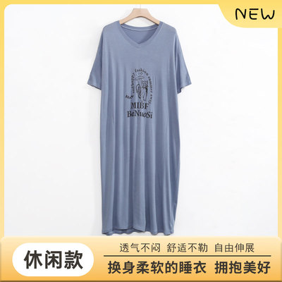 个性字母女士宽松V领薄款遮肉家居服猫咪莫代尔睡裙夏季大码睡衣