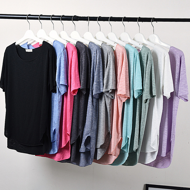 韩版夏季薄款竹节棉短袖前短后长T恤女宽松大码薄打底衫纯色上衣