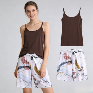 薄款 棉绸睡衣女夏季 人造棉无袖 套装 家居服两件套 莫代尔吊带短裤
