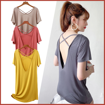 女夏季短袖连衣裙薄款可外穿大码宽松莫代尔睡衣露背打底美背睡裙