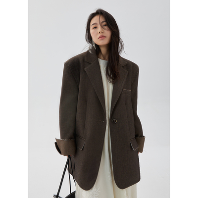 grape wang 原创设计袖口拼接西服毛边宽松高级西装廓形上衣外套