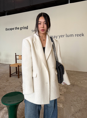 grape wang 清絮 毛呢西装外套女中长款单排扣翻领气质减龄老钱风