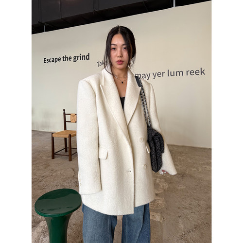 grape wang 清絮 毛呢西装外套女中长款单排扣翻领气质减龄老钱风