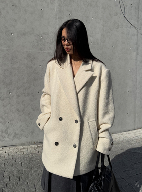 grape wang 原创设计师款毛呢西装外套女中长款双排扣西服高级感