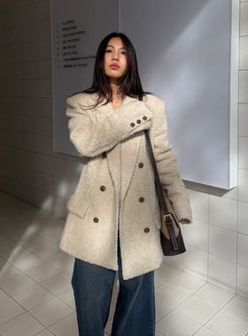 grape wang  富家千金  羊毛混纺小香风收腰外套秋冬宽松毛呢上衣