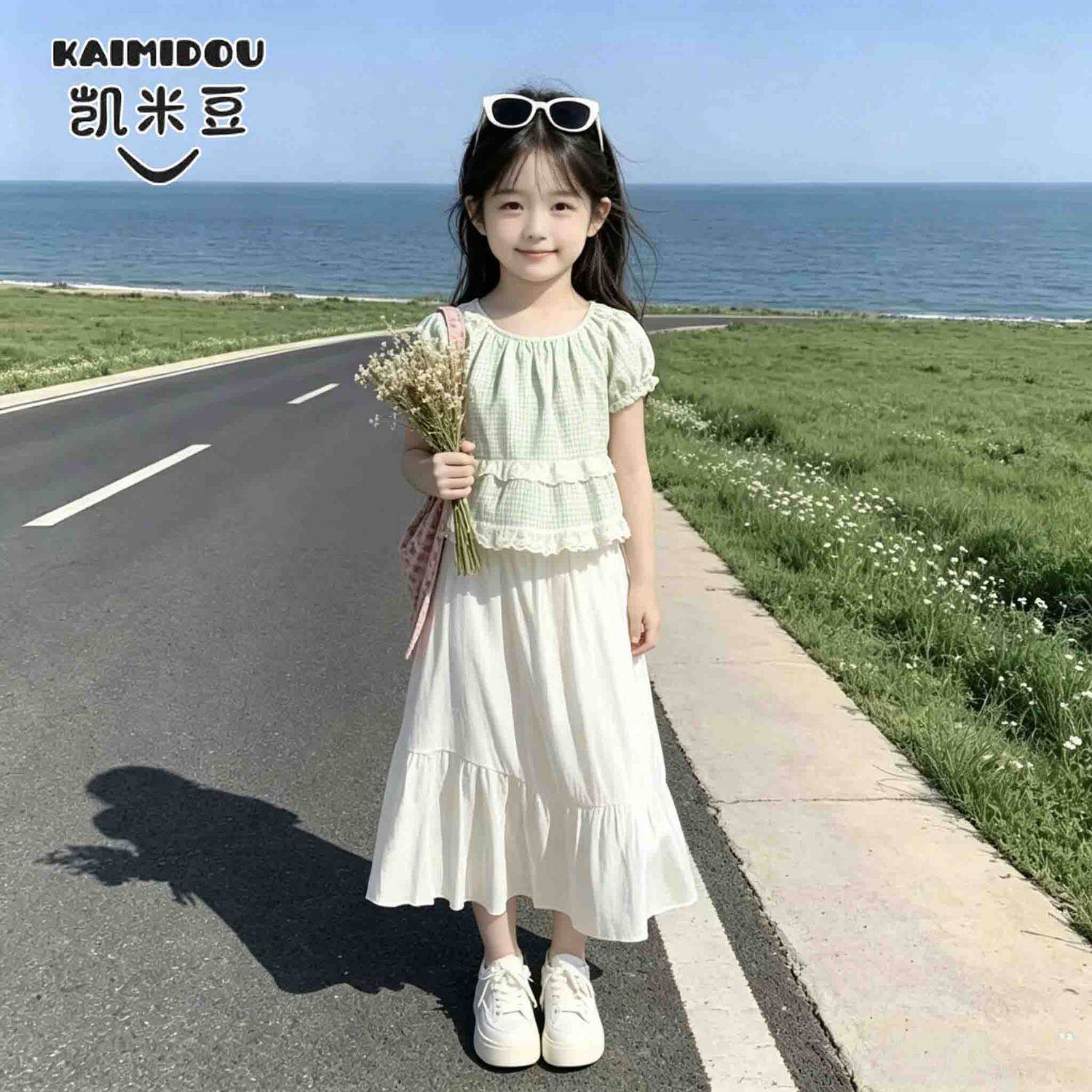 2026中大童薄荷绿多巴胺格子上衣T恤女童夏季泡泡袖连衣裙两件套