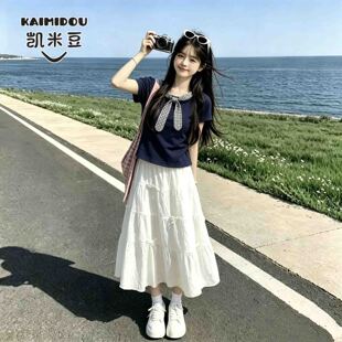 女童短袖T恤上衣新款夏季儿童甜美公主风+蛋糕裙中大童夏装两件套