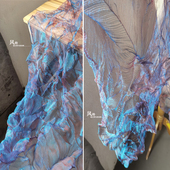 蓝紫扭乱肌理纱幻彩渐变镭射压褶皱立体肌理欧根纱服装 设计师面料