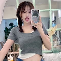 實拍實價#假兩件圓領短袖t恤女新款設計感小眾甜酷高腰短款上衣