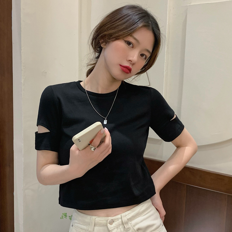 Real price ᦇ new Korean design sense minority short T-shirt women's hollow out short sleeve high waist slim tight top