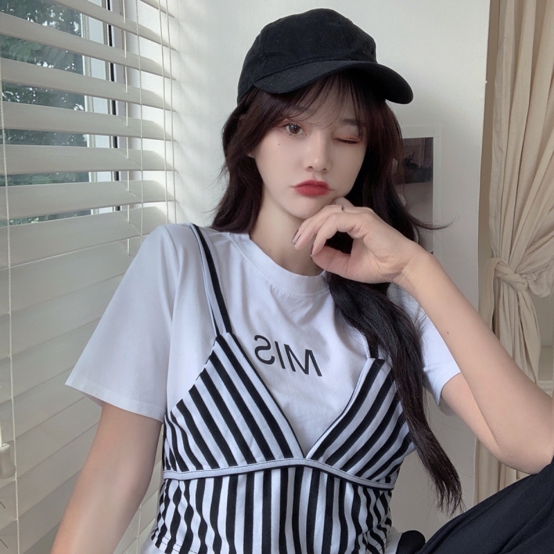 Real price ᦇ stripe fake two short sleeve T-shirt women's fashion 2021 new summer women's jacket