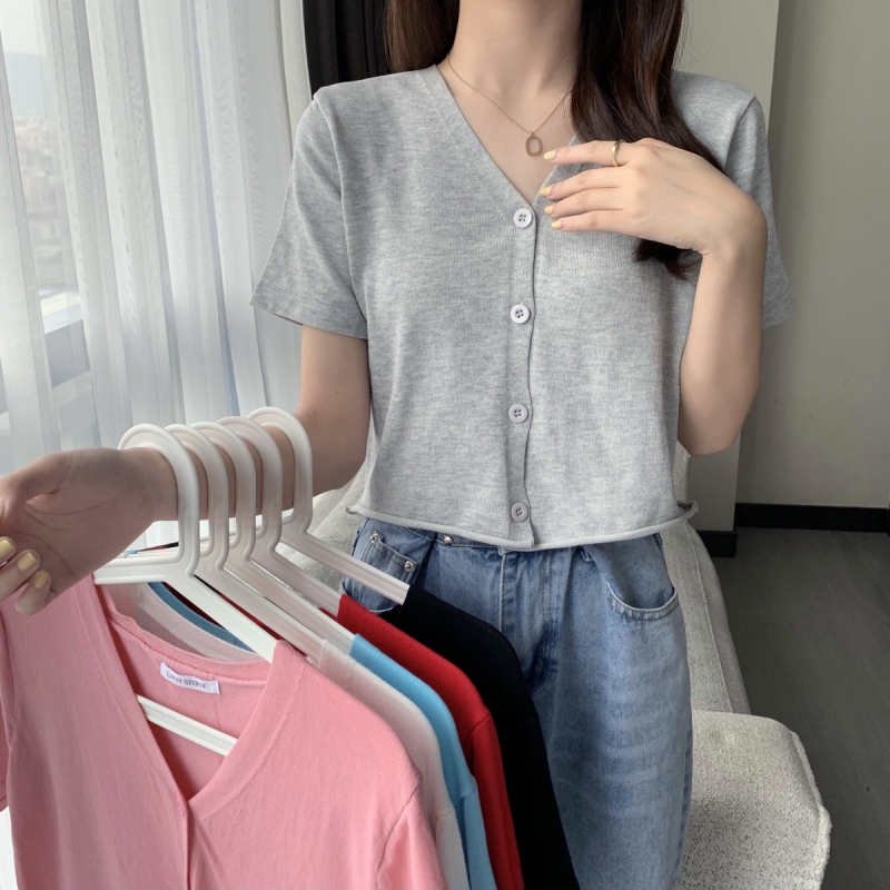 Real price ᦇ net red short French T-shirt soft V-neck short sleeve thin ice silk bottomed shirt knitted cardigan