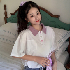Real price ᦇ summer Korean loose and versatile drawstring color contrast polo collar age reducing short sleeve T-shirt fashion