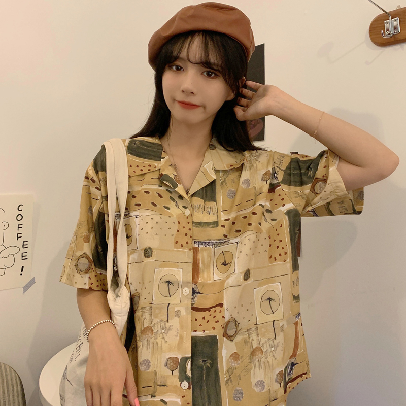 Real price retro design niche short sleeve shirt women's thin net red loose Hong Kong chic top fashion