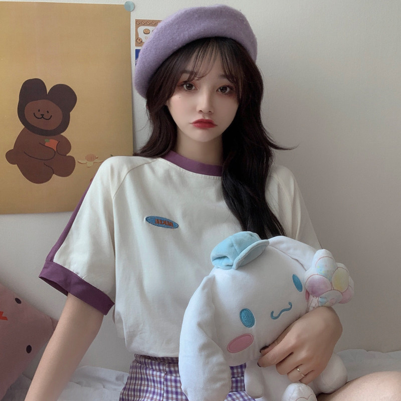 Real price ᦇ s net red T-shirt 2021 new Korean loose and versatile contrast color embroidered round neck short sleeve top