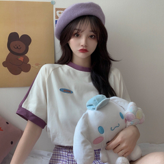 Real price ᦇ s net red T-shirt 2021 new Korean loose and versatile contrast color embroidered round neck short sleeve top