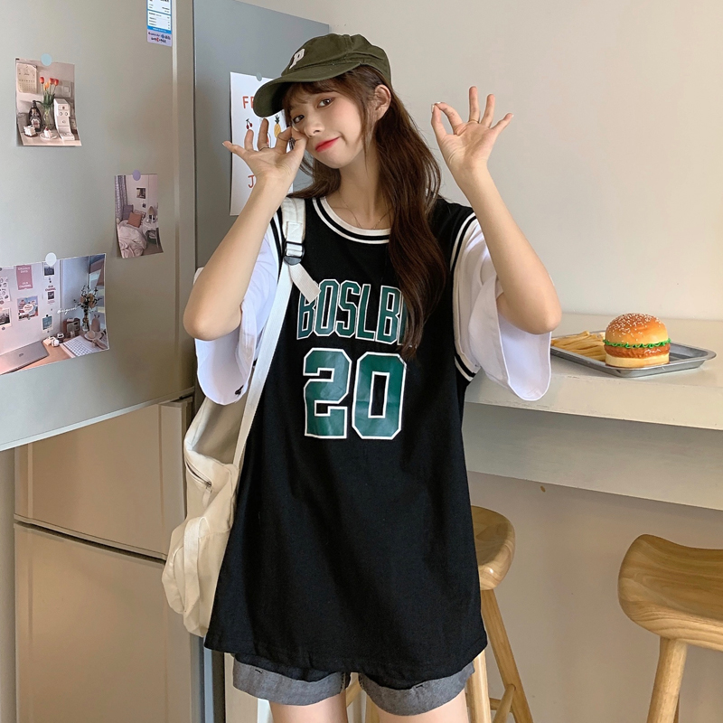 實拍實價#藍球服女寬鬆bf風中長款短袖t恤假兩件