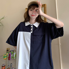 New Korean loose color matching Polo Shirt Short Sleeve T-Shirt girl student pocket top summer