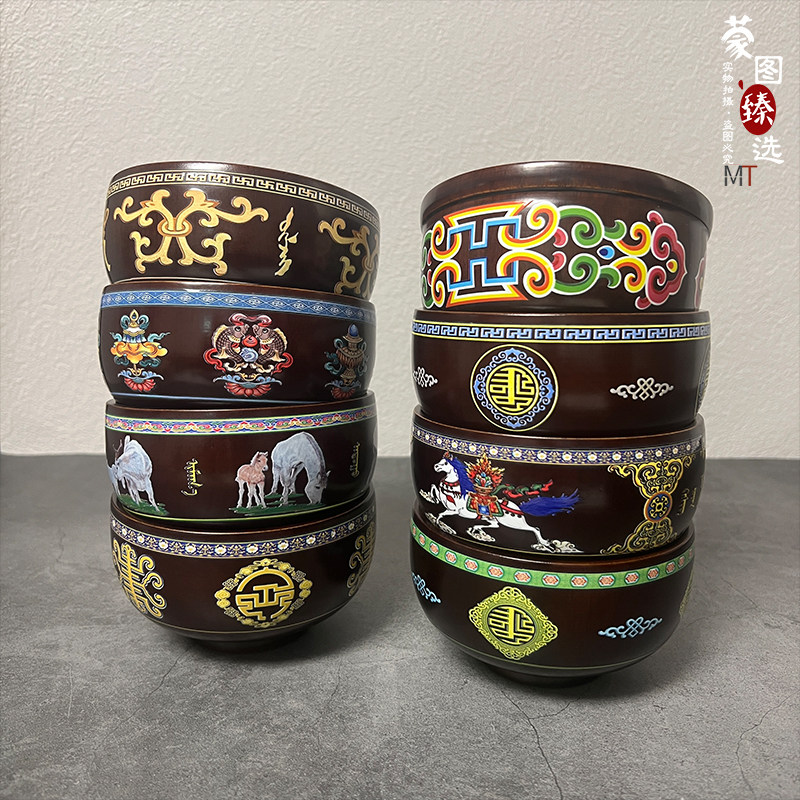木碗奶茶碗蒙古族餐具防烫隔热蒙古元素实木双层饭碗蒙餐专用高档图片