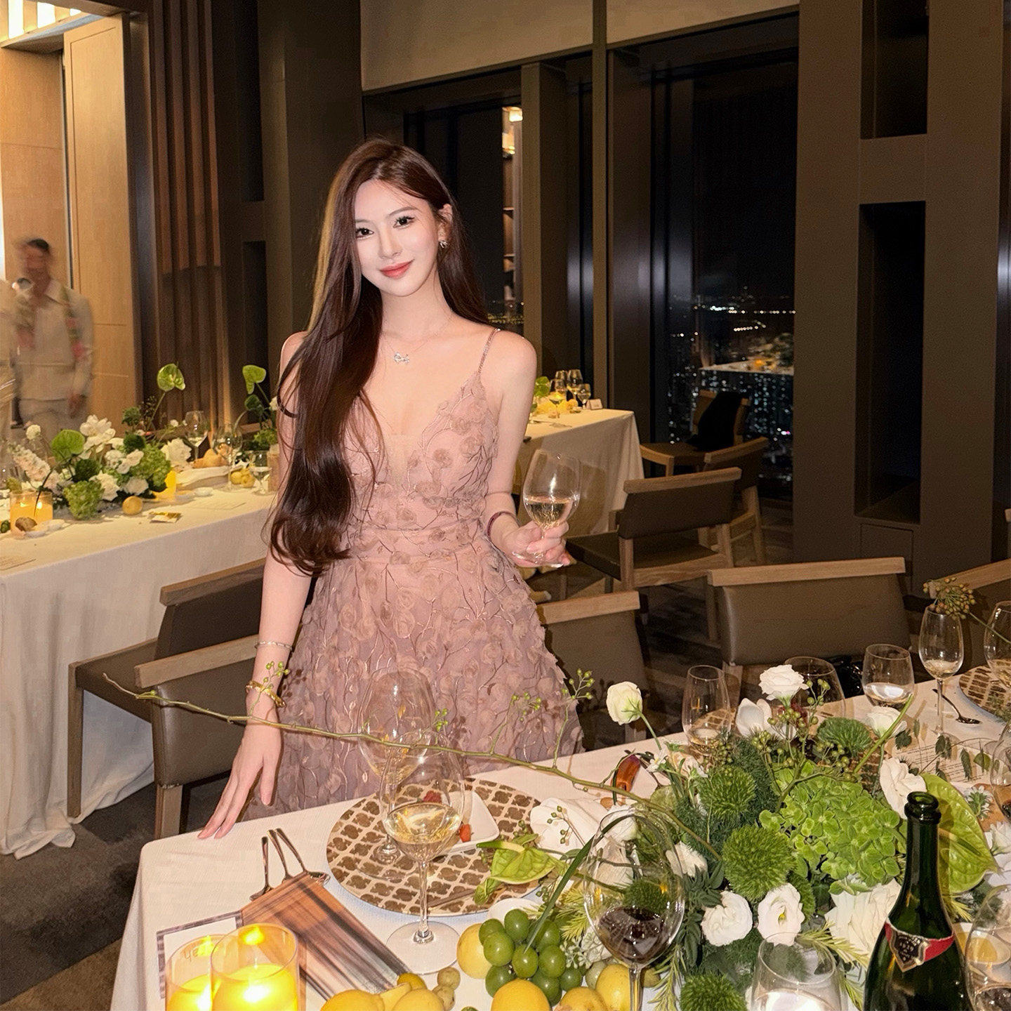 Reneewen【生日约会战袍】立体花V领高腰长裙温柔纱裙宴会连衣裙