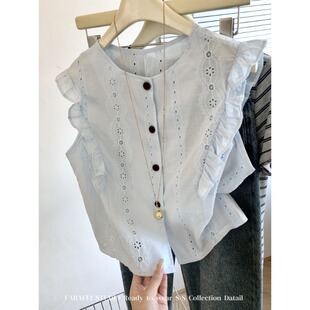 开衫 法式 荷叶边飞飞袖 女夏款 设计感独特绝美上衣 蓝色镂空勾花衬衫