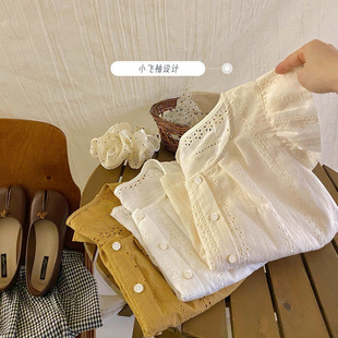 夏宽松韩系洋气娃娃小衫 女短款 衬衫 南瓜落日橘镂空刺绣小飞袖