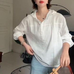 女春装 罩衫 新款 休闲简约衬衣夏季 女 百搭显瘦长袖 连帽衬衫