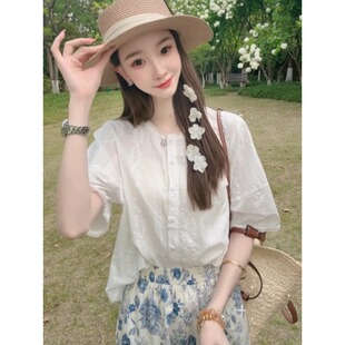 薄款 女短袖 2026春夏季 新款 法式 设计感刺绣宽松小个子上衣小衫 衬衫