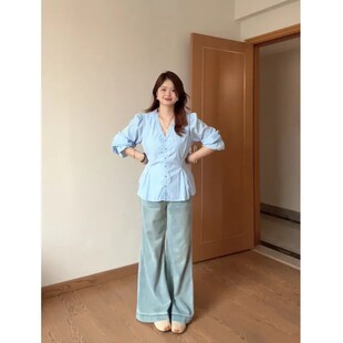 喇叭袖 设计感韩系气质小衫 v领收腰长袖 女春季 上衣 衬衫 白色法式